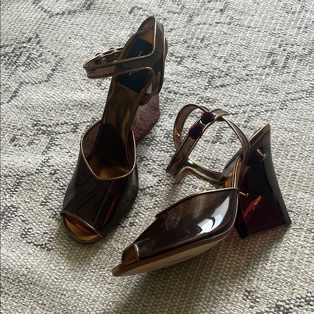 Marc Jacobs Metallic Bronze and Brown PVC Peep-Toe Block Heel / Wedge Sandals